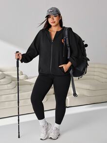 SHEIN EZwear Plus Size Women's Casual Baggy Versatile Solid Color Hooded Jacket Autumn Black Going Out Business - Black - View 8