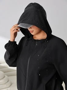 SHEIN EZwear Plus Size Women's Casual Baggy Versatile Solid Color Hooded Jacket Autumn Black Going Out Business - Black - View 4