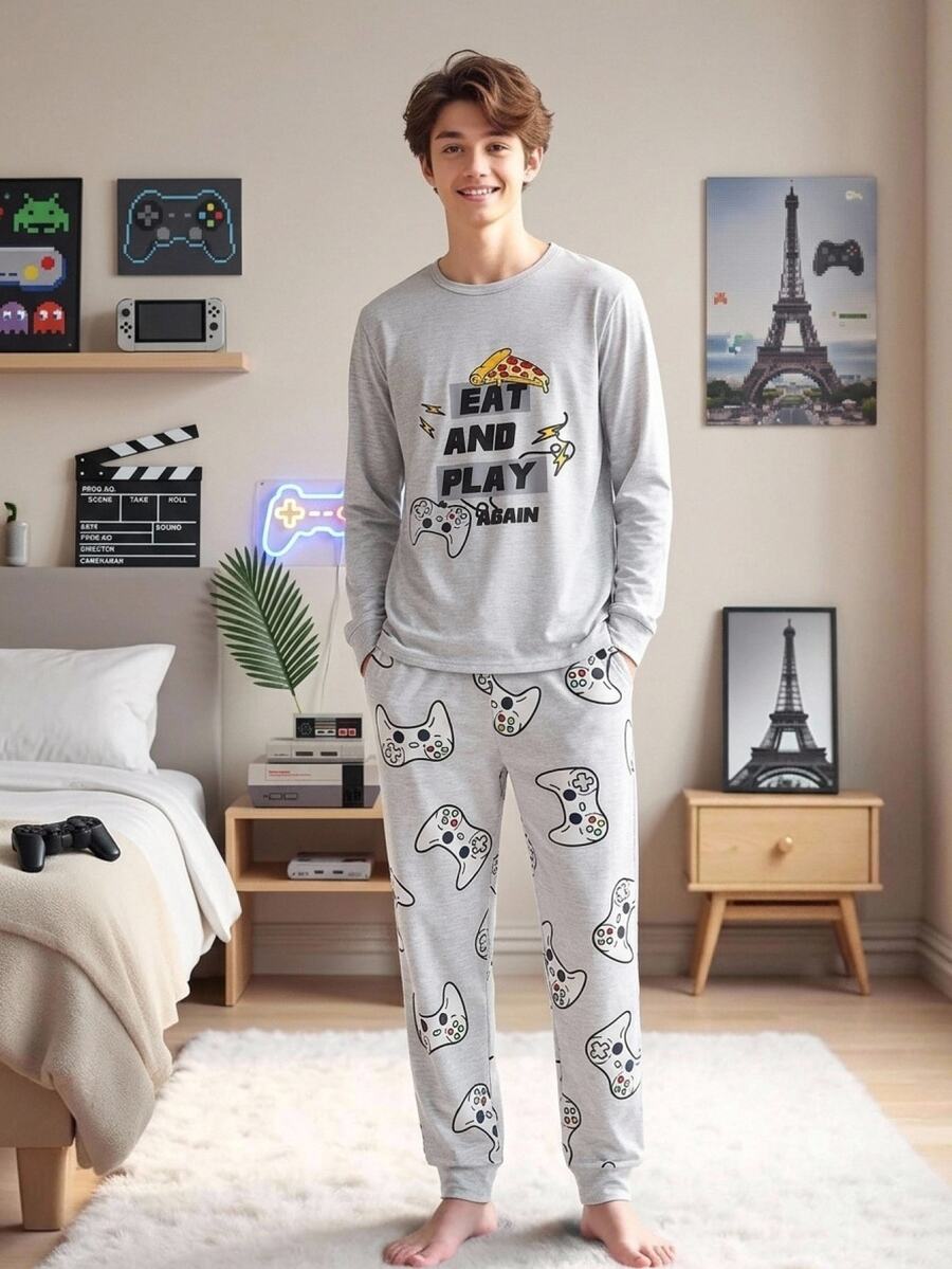SHEIN 青少年男孩螢光印花足球圖案拼色長袖T恤與長褲套裝，修身睡衣居家服，休閒學院風，舒適時尚簡約百搭柔軟面料，適合日常穿著、居家穿著、疊穿，秋冬季 - 淺灰色 - 查看 1