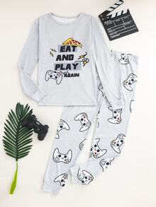 SHEIN 青少年男孩螢光印花足球圖案拼色長袖T恤與長褲套裝，修身睡衣居家服，休閒學院風，舒適時尚簡約百搭柔軟面料，適合日常穿著、居家穿著、疊穿，秋冬季 - 淺灰色 - 查看 3