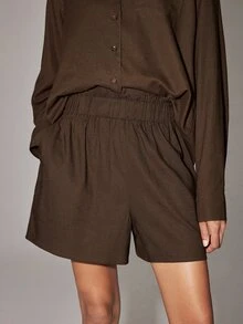 Anewsta Essential Women's New Elastic Waist Modern Wide Leg Shorts - Coffee Brown - View 7