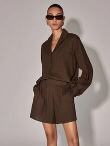 Anewsta Essential Women's New Elastic Waist Modern Wide Leg Shorts - Coffee Brown - View 4