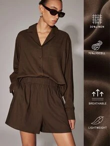 Anewsta Essential Women's New Elastic Waist Modern Wide Leg Shorts - Coffee Brown - View 1