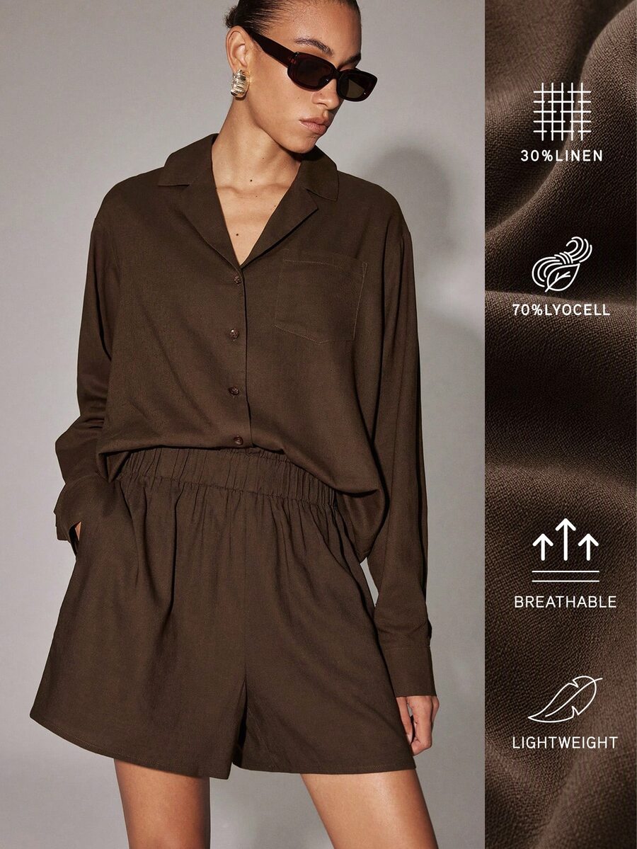 Anewsta Essential Women's New Elastic Waist Modern Wide Leg Shorts - Coffee Brown - View 1