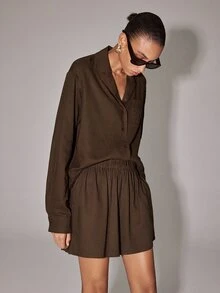 Anewsta Essential Women's New Elastic Waist Modern Wide Leg Shorts - Coffee Brown - View 5
