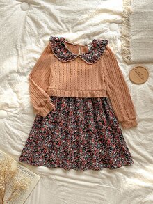 SHEIN Vintaside Kids Toddler Girl 1pc Casual Colorblock Floral Cable Knit Peter Pan Collar Long Sleeve A Line Dress For Party Autumn - Multicolor - View 4