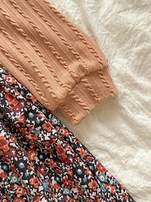SHEIN Vintaside Kids Toddler Girl 1pc Casual Colorblock Floral Cable Knit Peter Pan Collar Long Sleeve A Line Dress For Party Autumn - Multicolor - View 8