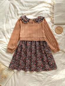 SHEIN Vintaside Kids Toddler Girl 1pc Casual Colorblock Floral Cable Knit Peter Pan Collar Long Sleeve A Line Dress For Party Autumn - Multicolor - View 3
