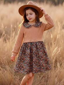 SHEIN Vintaside Kids Toddler Girl 1pc Casual Colorblock Floral Cable Knit Peter Pan Collar Long Sleeve A Line Dress For Party Autumn - Multicolor - View 6