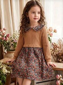 SHEIN Vintaside Kids Toddler Girl 1pc Casual Colorblock Floral Cable Knit Peter Pan Collar Long Sleeve A Line Dress For Party Autumn - Multicolor - View 2