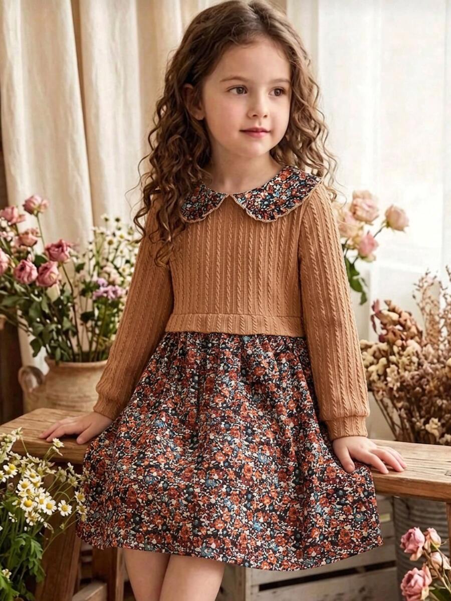 SHEIN Vintaside Kids Toddler Girl 1pc Casual Colorblock Floral Cable Knit Peter Pan Collar Long Sleeve A Line Dress For Party Autumn