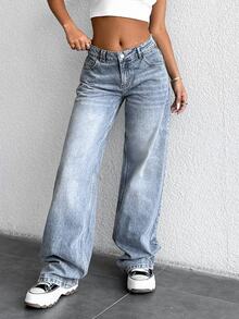CasuGlow 100%Cotton Low Waist Straight Cut Jeans - Medium Wash - View 3