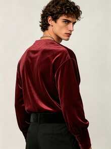 ZURIURI Men's Solid Color Draped Neck Casual Versatile Daily Wear T-Shirt - Burgundy - View 3