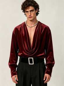 ZURIURI Men's Solid Color Draped Neck Casual Versatile Daily Wear T-Shirt - Burgundy - View 4