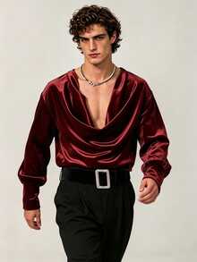 ZURIURI Men's Solid Color Draped Neck Casual Versatile Daily Wear T-Shirt - Burgundy - View 6
