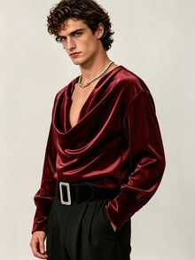 ZURIURI Men's Solid Color Draped Neck Casual Versatile Daily Wear T-Shirt - Burgundy - View 5