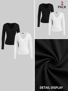 SHEIN CURVE+ 2PCS Plus Size T-Shirts Fall - Black and White - View 8