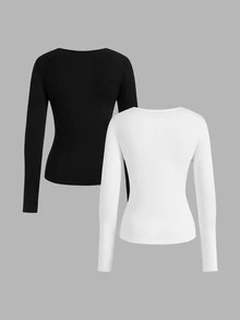 SHEIN CURVE+ 2PCS Plus Size T-Shirts Fall - Black and White - View 10
