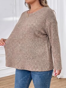 SHEIN CURVE+ Kaos Wanita Ukuran Besar Warna Polos Sederhana Kasual, Cocok untuk Dipakai di Musim Semi dan Musim Panas hingga Musim Gugur - Hitam - View 7