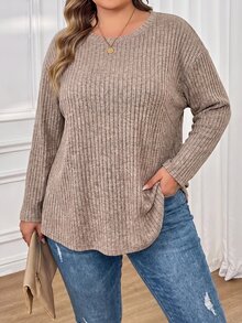 SHEIN CURVE+ Kaos Wanita Ukuran Besar Warna Polos Sederhana Kasual, Cocok untuk Dipakai di Musim Semi dan Musim Panas hingga Musim Gugur - Hitam - View 4