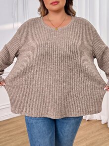 SHEIN CURVE+ Kaos Wanita Ukuran Besar Warna Polos Sederhana Kasual, Cocok untuk Dipakai di Musim Semi dan Musim Panas hingga Musim Gugur - Hitam - View 6
