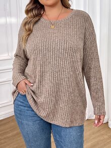 SHEIN CURVE+ Kaos Wanita Ukuran Besar Warna Polos Sederhana Kasual, Cocok untuk Dipakai di Musim Semi dan Musim Panas hingga Musim Gugur - Hitam - View 8