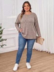 SHEIN CURVE+ Kaos Wanita Ukuran Besar Warna Polos Sederhana Kasual, Cocok untuk Dipakai di Musim Semi dan Musim Panas hingga Musim Gugur - Hitam - View 3