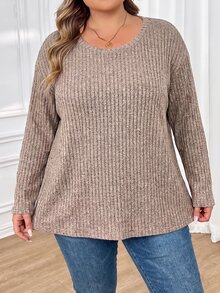 SHEIN CURVE+ Kaos Wanita Ukuran Besar Warna Polos Sederhana Kasual, Cocok untuk Dipakai di Musim Semi dan Musim Panas hingga Musim Gugur - Hitam - View 5