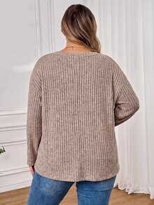 SHEIN CURVE+ Kaos Wanita Ukuran Besar Warna Polos Sederhana Kasual, Cocok untuk Dipakai di Musim Semi dan Musim Panas hingga Musim Gugur - Hitam - View 2