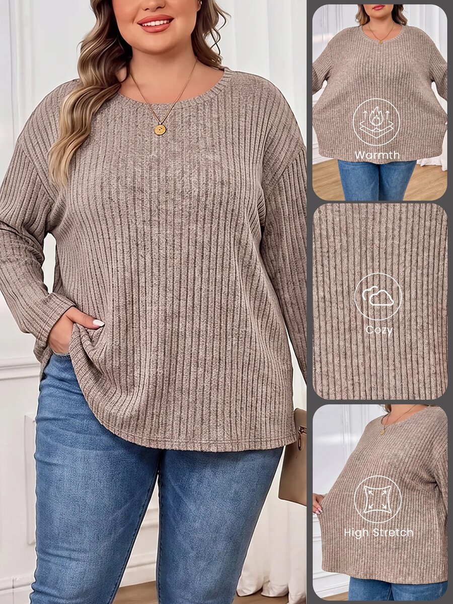 SHEIN CURVE+ Kaos Wanita Ukuran Besar Warna Polos Sederhana Kasual, Cocok untuk Dipakai di Musim Semi dan Musim Panas hingga Musim Gugur - Hitam - View 1