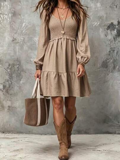 Breezaya Autumn/ New Loose Fit Dress Elastic Force Bust ,Body Flaring From Chest Line, Hem In A-Line,Ruffles Boho Vintage Style Shades Of BrownRetro Carnival