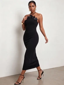 CAJUNI Summer Elegant 3D Floral Decor Backless Halter Neck Dress - Black - View 2