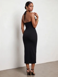 CAJUNI Summer Elegant 3D Floral Decor Backless Halter Neck Dress - Black - View 7