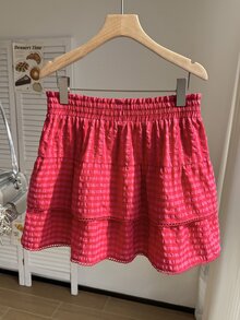 Comfortcana 大尺碼女款休閒學院風西瓜粉格紋裙，鬱金香下擺，適合日常穿著 - 西瓜粉 - 查看 2