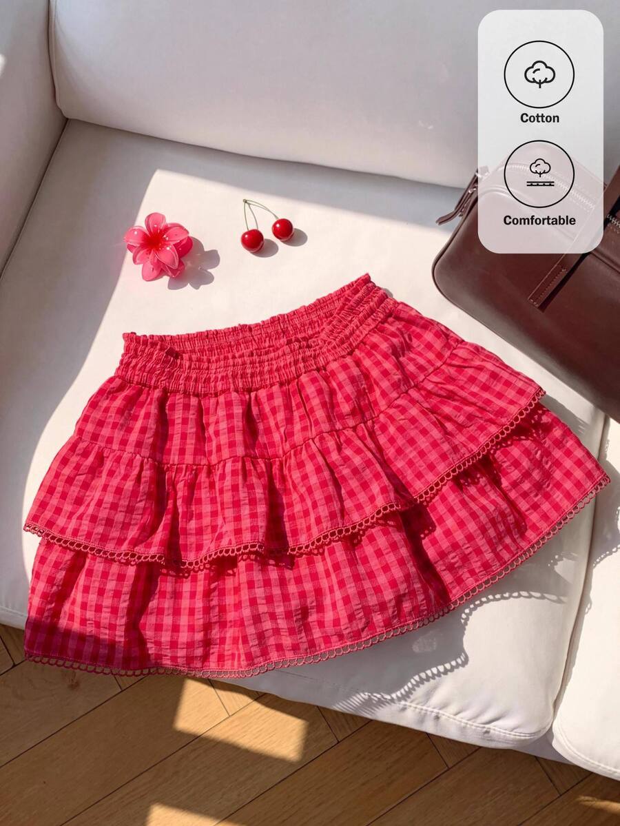 Comfortcana 大尺碼女款休閒學院風西瓜粉格紋裙,鬱金香下擺,適合日常穿著 - 西瓜粉 - 查看 1