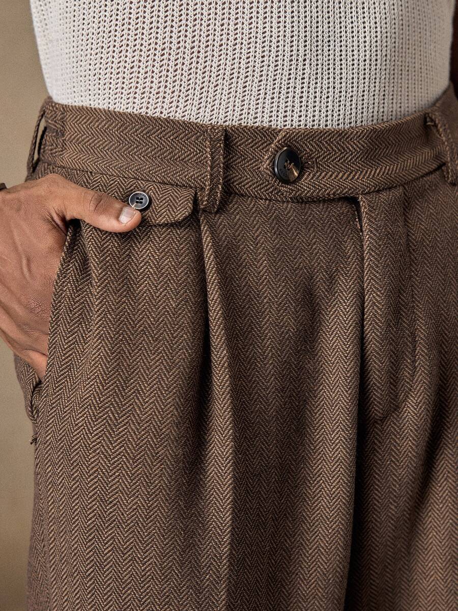 EASEVO Plus Size Men's Herringbone Pattern Pocket Casual Daily Business Trousers Halloween Winter Party Autumn - Coffee Brown - View 1