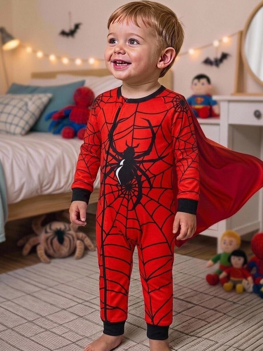 SHEIN Baby Boy Spider Print Red & Black Color Block Fitted Long Sleeve Romper, Suitable For All Seasons - Red - View 1
