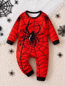 SHEIN Baby Boy Spider Print Red & Black Color Block Fitted Long Sleeve Romper, Suitable For All Seasons - Red - View 2