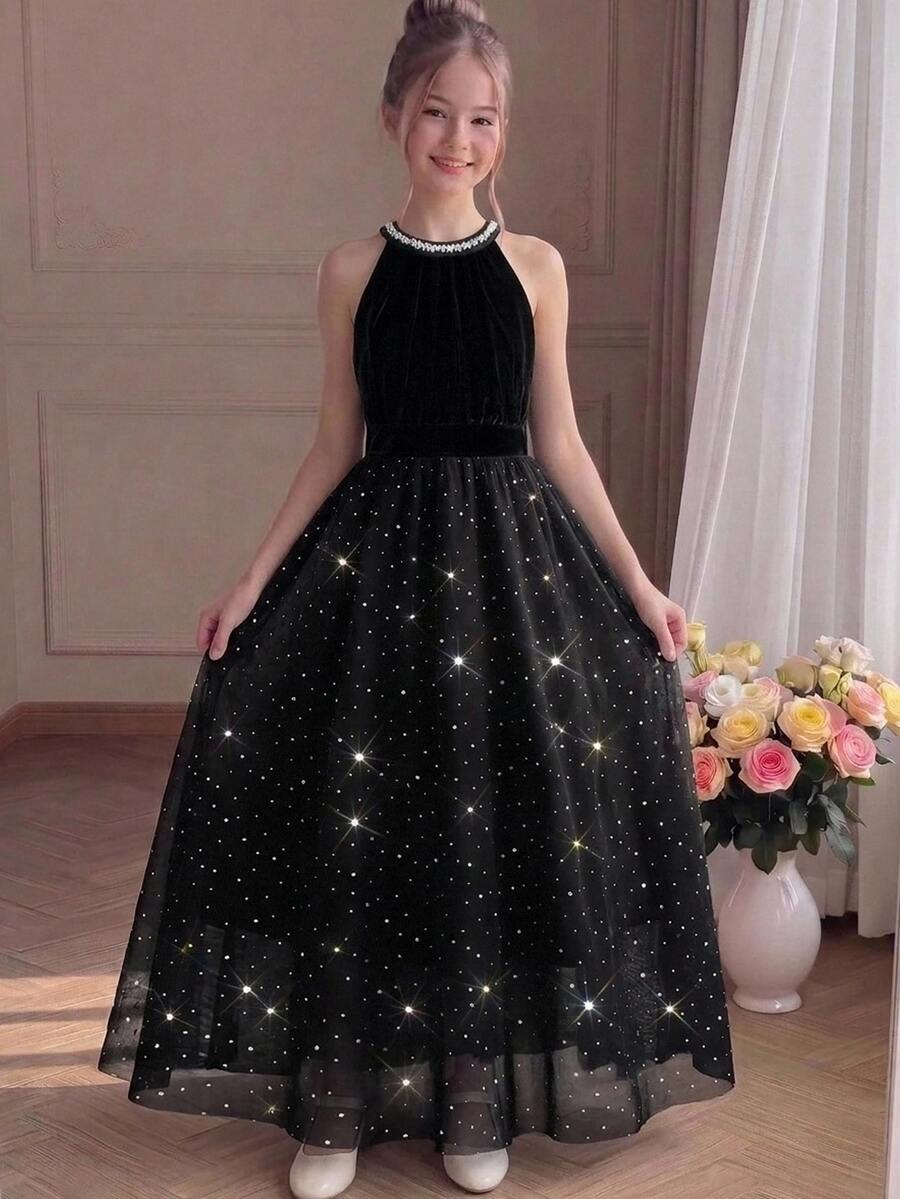 SHEIN Tween Girl Solid Color Knitted Velvet Sleeveless Pullover Dress With Mesh Hem, Fitted Formal Dress - Multicolor - View 1