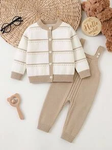 SHEIN 淺卡其色嬰兒時尚毛衣套裝，圓領長袖黑色開襟衫搭配內搭細肩帶連身褲，可愛吊帶褲套裝，適合家庭秋季穿著 - 卡其色 - 查看 8