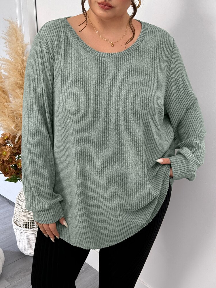 SHEIN CURVE+ Women Plus Size T-Shirt 22W, Autumn/Winter Solid Color Ribbed Comfortable Crew Neck Long Sleeve Casual T-Shirt Fall - Green - View 5
