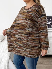 SHEIN CURVE+ Plus Size Casual Drop Shoulder Loose Striped T-Shirt, Suitable For Autumn/Winter Women's Clothing Fall - Multicolor - View 3