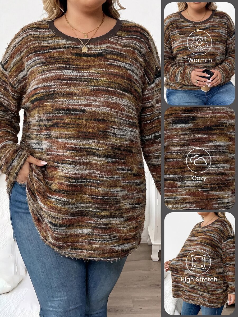 SHEIN CURVE+ Plus Size Casual Drop Shoulder Loose Striped T-Shirt, Suitable For Autumn/Winter Women's Clothing Fall - Multicolor - View 1