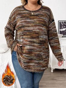 SHEIN CURVE+ Plus Size Casual Drop Shoulder Loose Striped T-Shirt, Suitable For Autumn/Winter Women's Clothing Fall - Multicolor - View 4