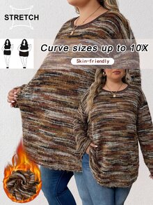 SHEIN CURVE+ Plus Size Casual Drop Shoulder Loose Striped T-Shirt, Suitable For Autumn/Winter Women's Clothing Fall - Multicolor - View 6