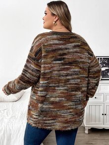 SHEIN CURVE+ Plus Size Casual Drop Shoulder Loose Striped T-Shirt, Suitable For Autumn/Winter Women's Clothing Fall - Multicolor - View 2