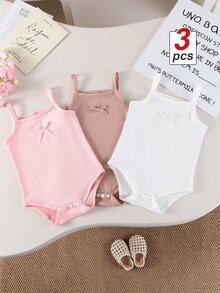 SHEIN Playful Pals 3件組女嬰甜美可愛三色休閒連身衣，夏季家庭穿搭，灰粉色、淺粉色、白色 - 彩色 - 查看 9