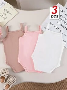 SHEIN Playful Pals 3件組女嬰甜美可愛三色休閒連身衣，夏季家庭穿搭，灰粉色、淺粉色、白色 - 彩色 - 查看 3