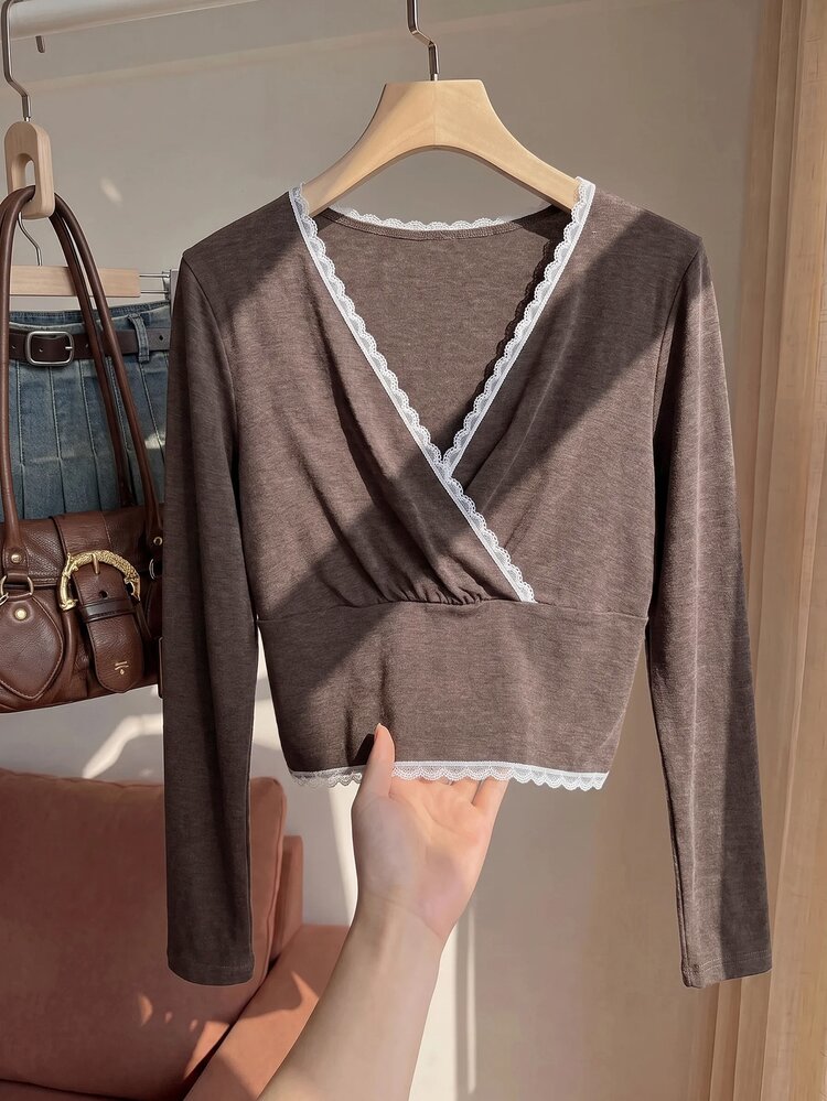 Comfortcana Plus Size Women's Contrast Lace Overlap V-Neck Long Sleeve Casual T-Shirt Fall - Coffee Brown - View 4