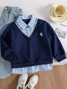 Young Girl Patchwork Striped Shirt Collar Equestrian Print 2 In 1 Casual Sweatshirt - Navy Blue - View 3